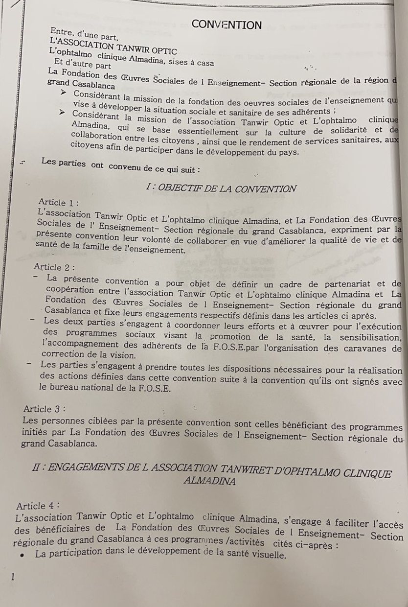 Convention de partenariat entre l'association tanwir optic et la fondation des œuvres sociales de l'enseignement